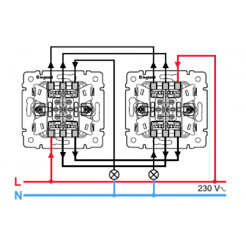 Переходной выключатель двухклавишный схема подключения